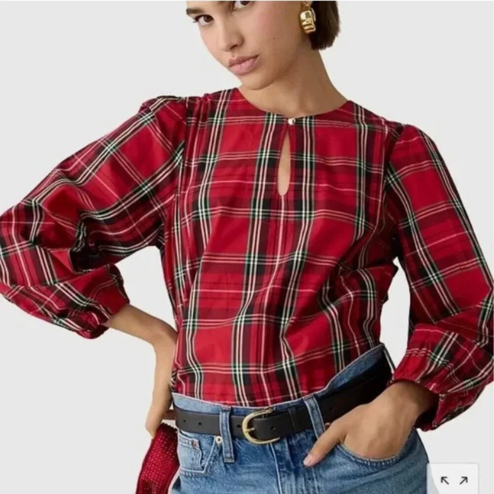 J. Crew Top Womens XXS Red Puff Sleeve Poplin Blouse Good Tidings Plaid‎ Cotton